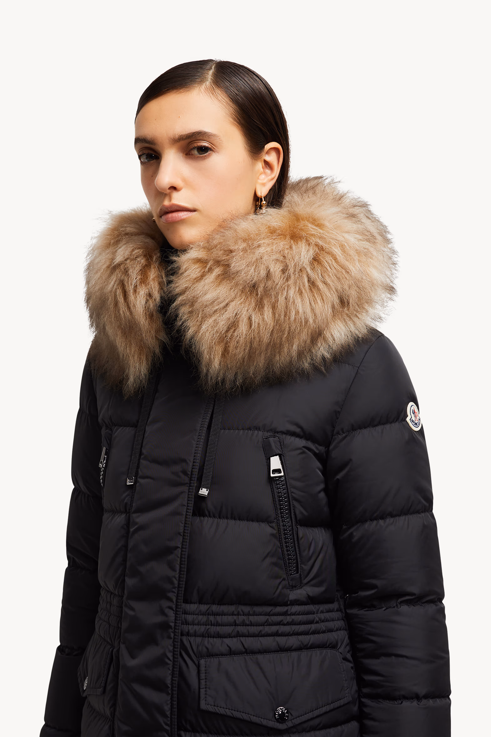 Aphroti Hooded Shearling-Trimmed Long Down Jacket Women Black & Beige Moncler 7